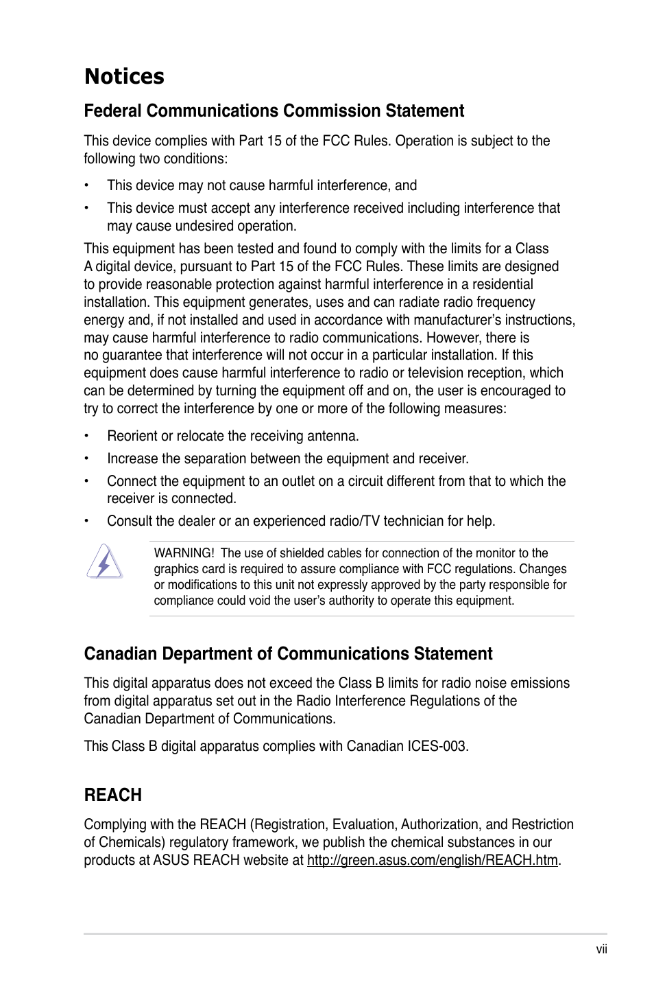 Notices, Federal communications commission statement, Canadian department of communications statement | Reach | Asus TS100-E6/PI4 User Manual | Page 7 / 148