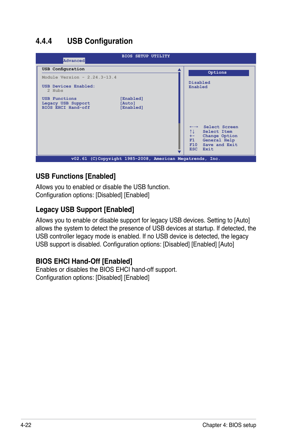 4 usb configuration, Usb configuration -22, Usb functions [enabled | Legacy usb support [enabled, Bios ehci hand-off [enabled | Asus TS100-E6/PI4 User Manual | Page 74 / 148