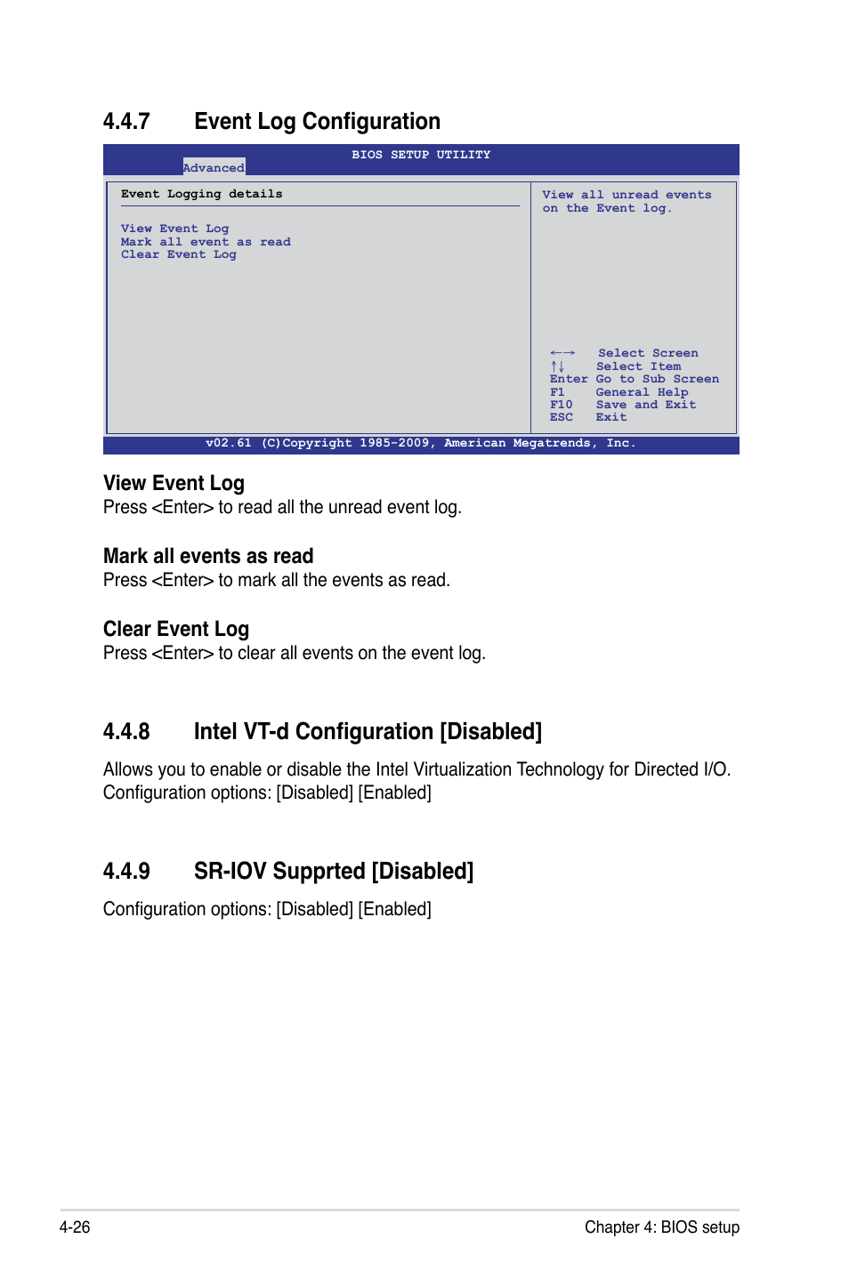 7 event log configuration, 8 intel vt-d configuration [disabled, 9 sr-iov supprted [disabled | Event log configuration -26, Intel vt-d configuration [disabled] -26, Sr-iov supprted [disabled] -26, View event log, Mark all events as read, Clear event log | Asus TS100-E6/PI4 User Manual | Page 78 / 148