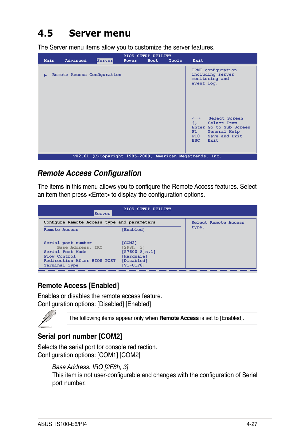 5 server menu, Server menu -27, Remote access configuration | Remote access [enabled, Serial port number [com2 | Asus TS100-E6/PI4 User Manual | Page 79 / 148