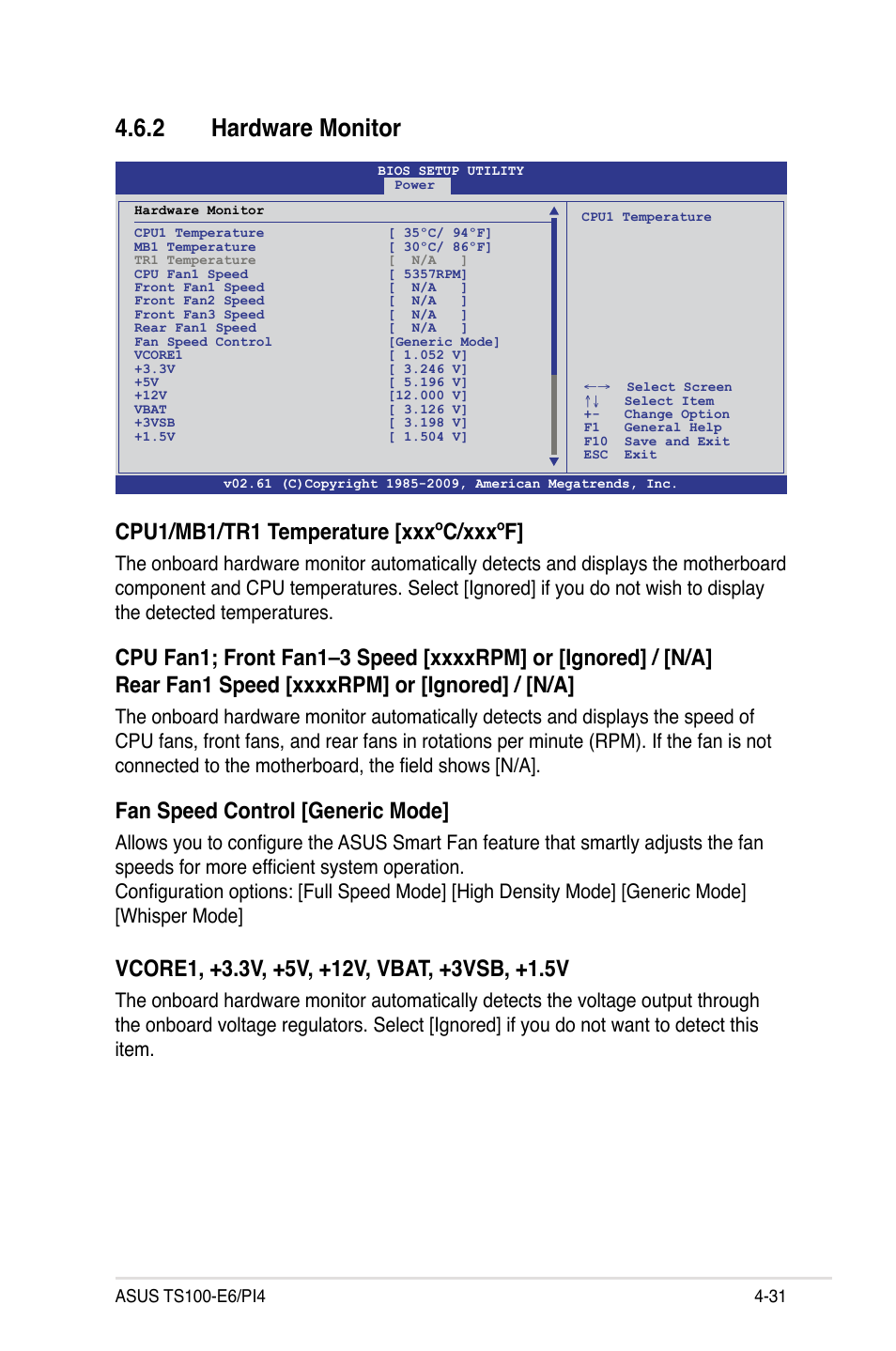 2 hardware monitor, Hardware monitor -31, Cpu1/mb1/tr1 temperature [xxxºc/xxxºf | Fan speed control [generic mode | Asus TS100-E6/PI4 User Manual | Page 83 / 148