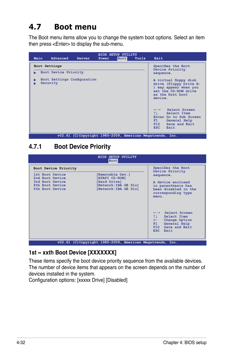 7 boot menu, 1 boot device priority, Boot menu -32 4.7.1 | Boot device priority -32 | Asus TS100-E6/PI4 User Manual | Page 84 / 148