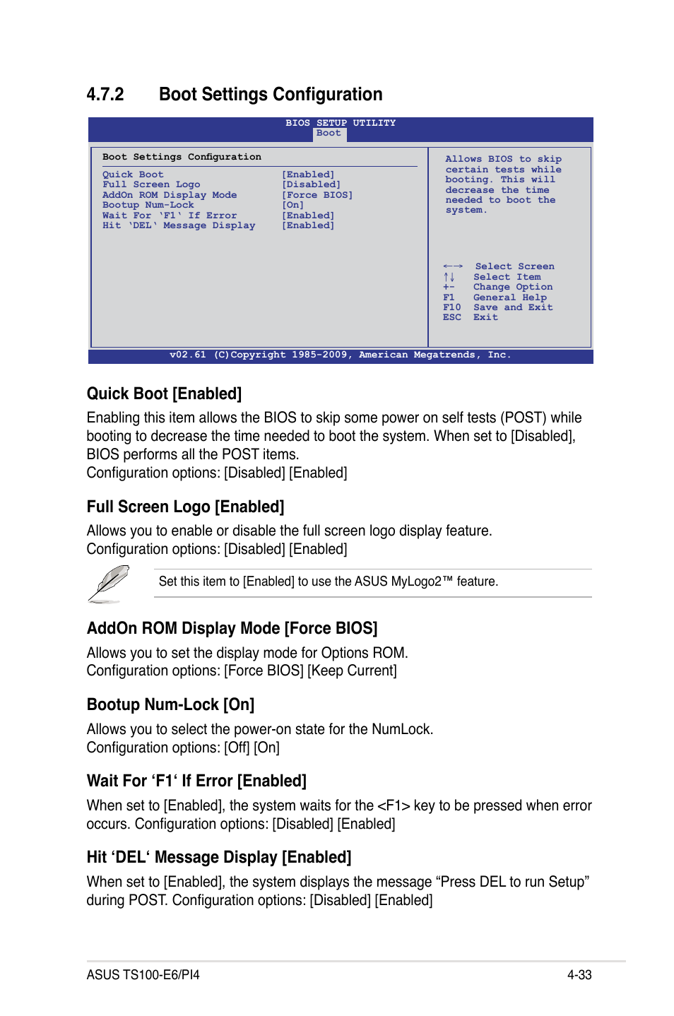 2 boot settings configuration, Boot settings configuration -33, Quick boot [enabled | Full screen logo [enabled, Addon rom display mode [force bios, Bootup num-lock [on, Wait for ‘f1‘ if error [enabled, Hit ‘del‘ message display [enabled | Asus TS100-E6/PI4 User Manual | Page 85 / 148