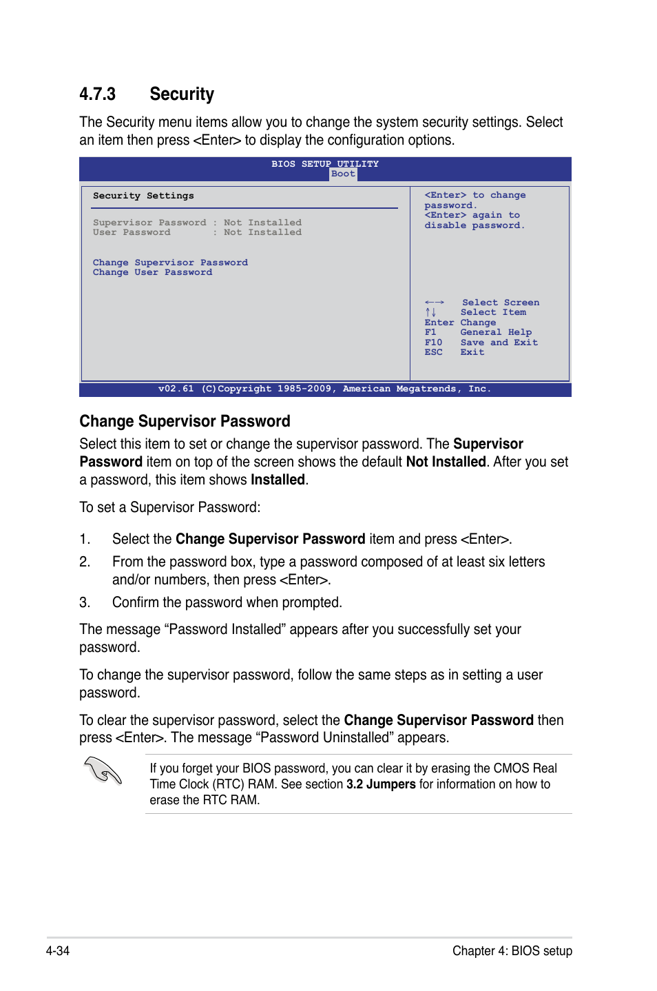 3 security, Security -34, Change supervisor password | Asus TS100-E6/PI4 User Manual | Page 86 / 148