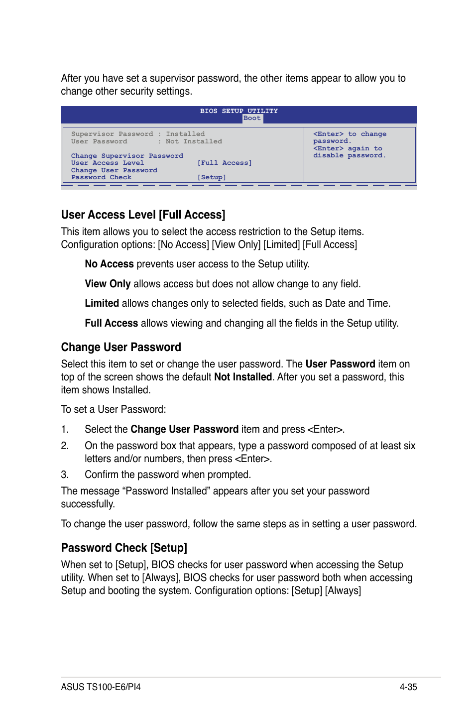 User access level [full access, Change user password, Password check [setup | Asus TS100-E6/PI4 User Manual | Page 87 / 148