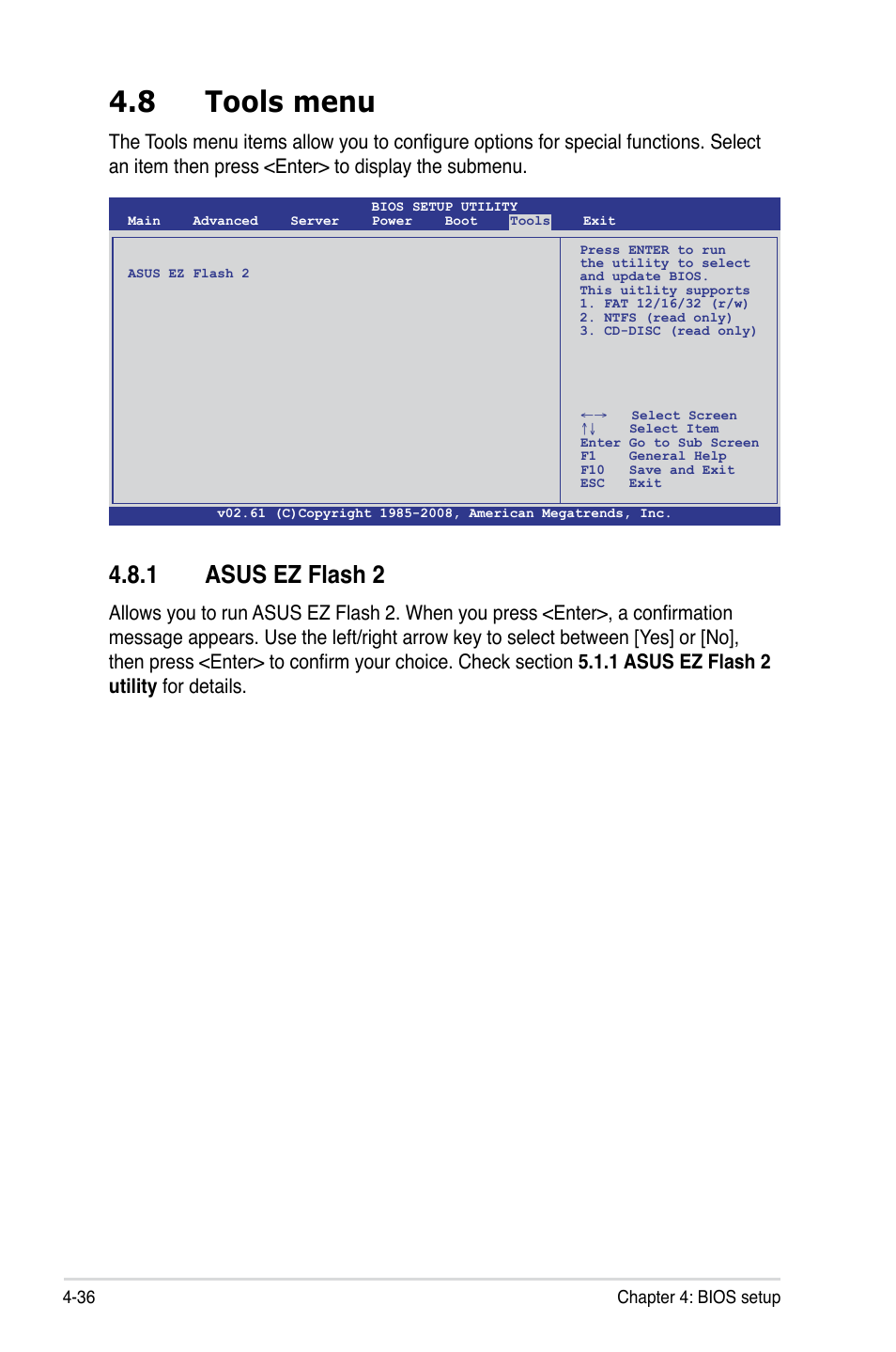 8 tools menu, 1 asus ez flash 2, Tools menu -36 4.8.1 | Asus ez flash 2 -36 | Asus TS100-E6/PI4 User Manual | Page 88 / 148