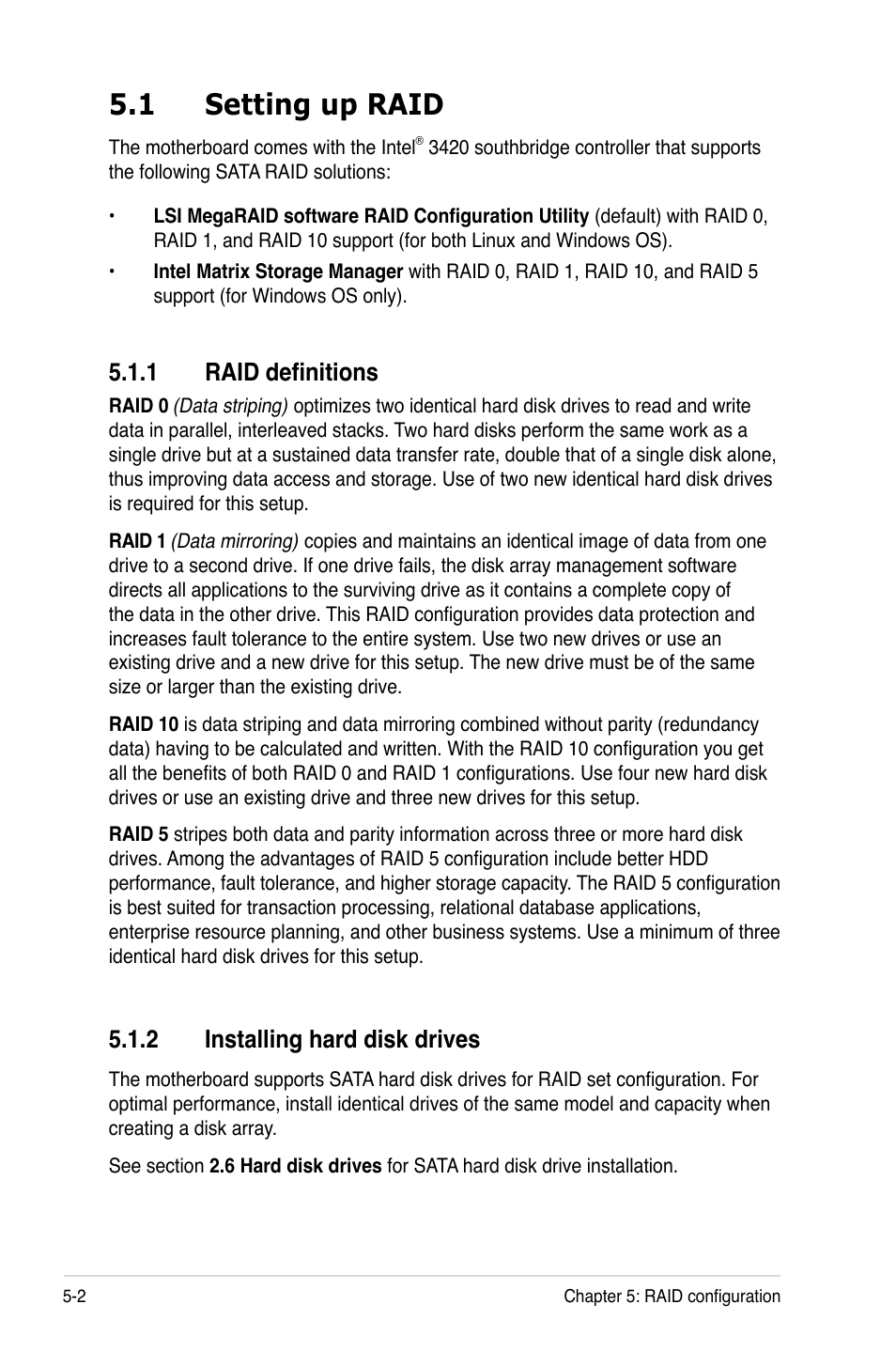 1 setting up raid, 1 raid definitions, 2 installing hard disk drives | Setting up raid -2 5.1.1, Raid definitions -2, Installing hard disk drives -2 | Asus TS100-E6/PI4 User Manual | Page 92 / 148