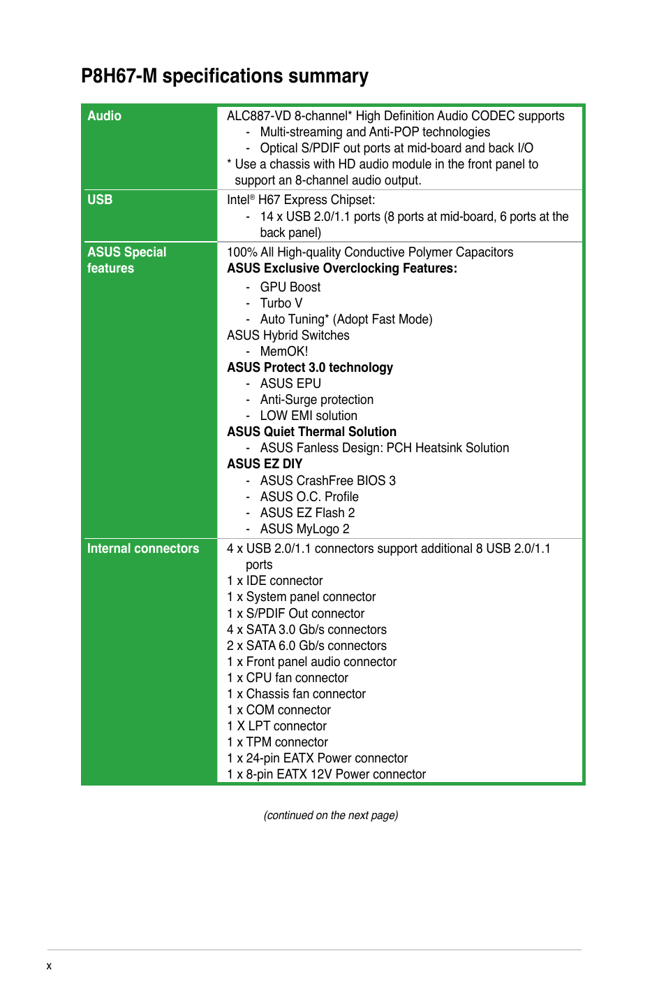 P8h67-m specifications summary | Asus P8H67-M User Manual | Page 10 / 76