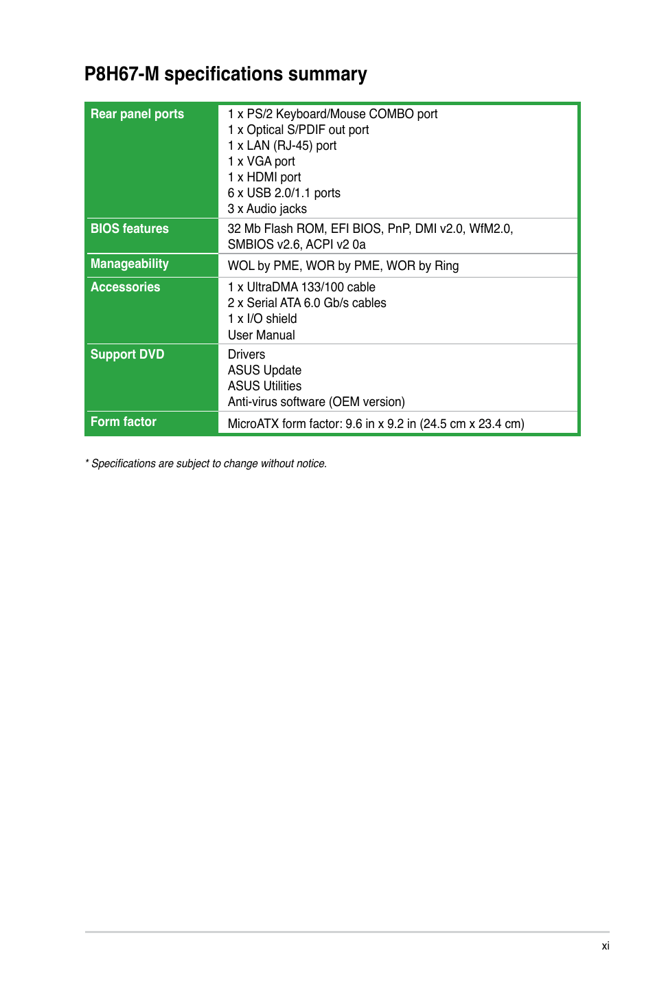 P8h67-m specifications summary | Asus P8H67-M User Manual | Page 11 / 76