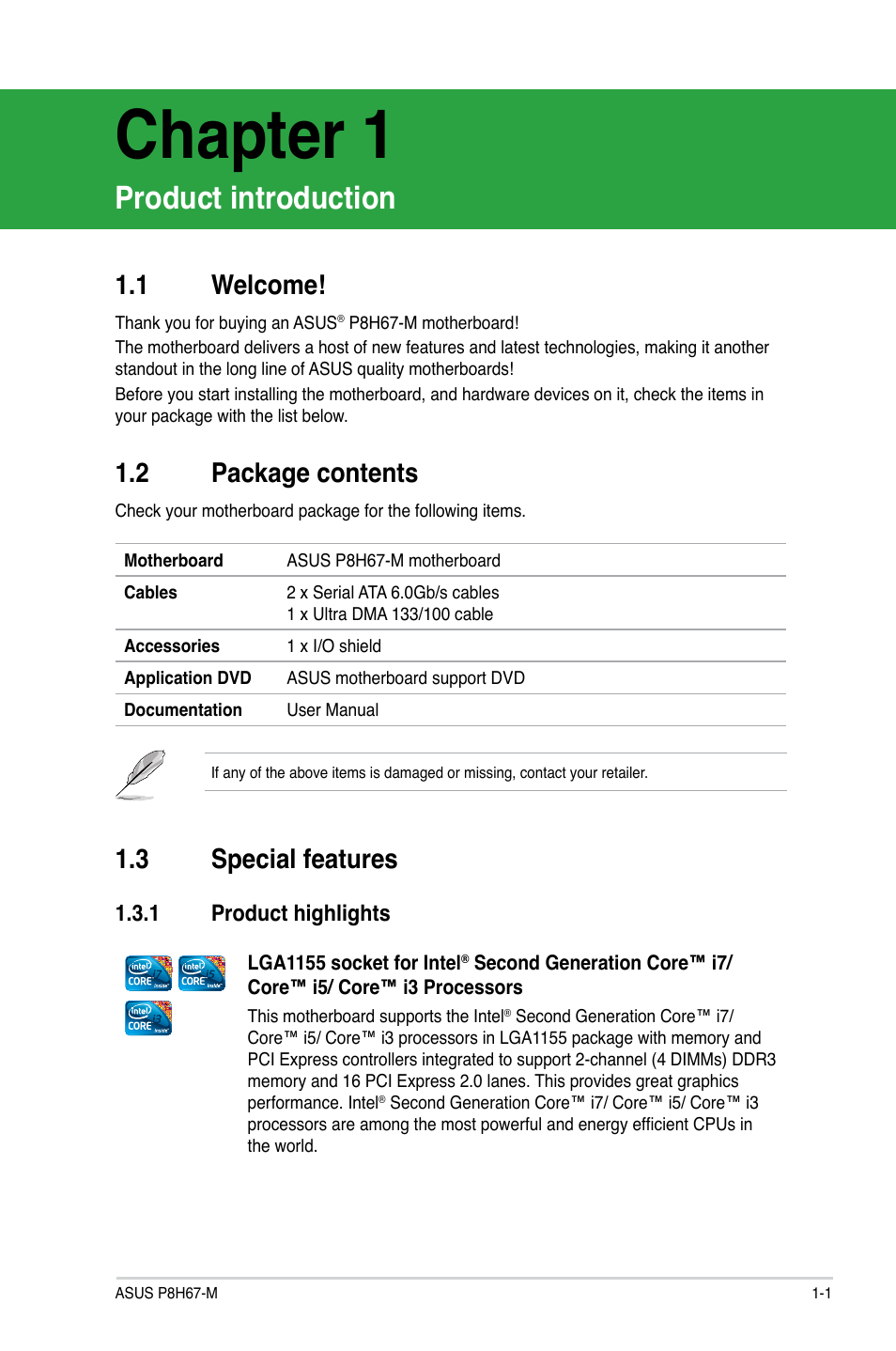 Chapter 1, Product introduction, 3 special features | 1 welcome, 2 package contents | Asus P8H67-M User Manual | Page 13 / 76