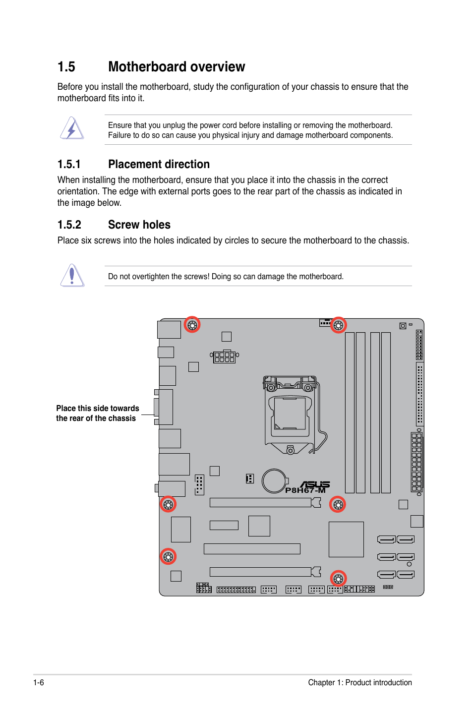 5 motherboard overview, 1 placement direction, 2 screw holes | Asus P8H67-M User Manual | Page 18 / 76