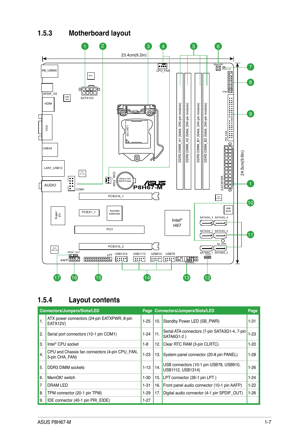 3 motherboard layout 1.5.4 layout contents, P8h67-m | Asus P8H67-M User Manual | Page 19 / 76