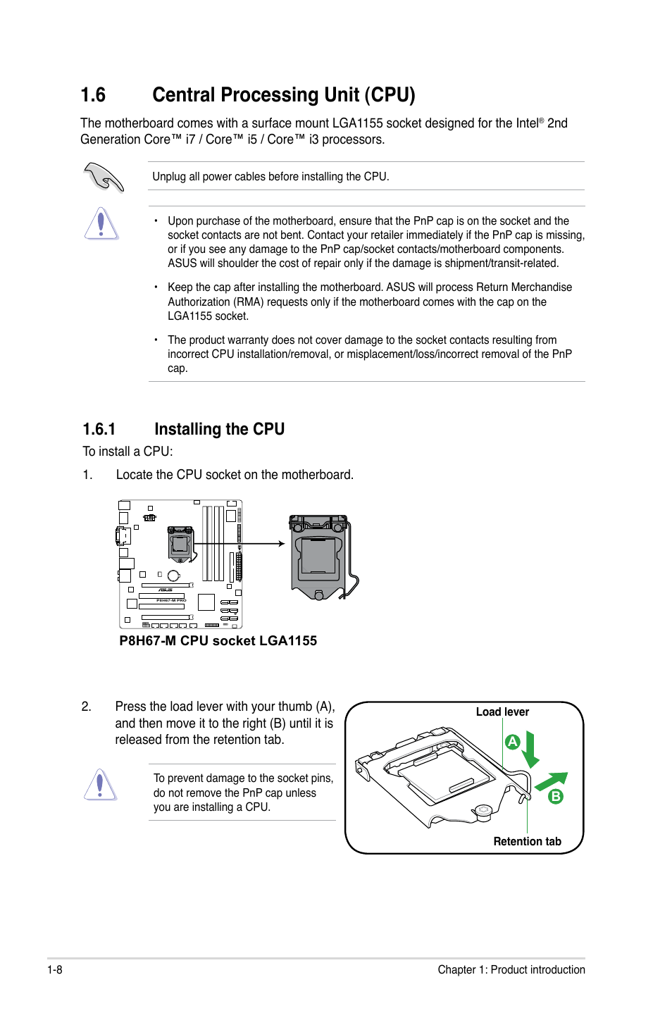 6 central processing unit (cpu), 1 installing the cpu | Asus P8H67-M User Manual | Page 20 / 76