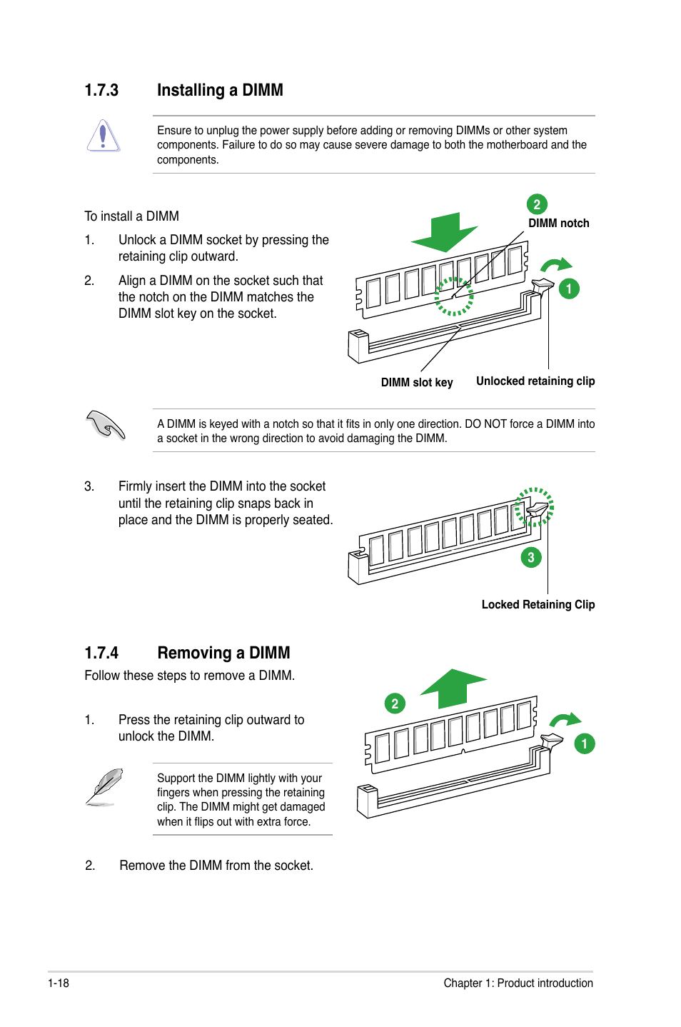 4 removing a dimm, 3 installing a dimm | Asus P8H67-M User Manual | Page 30 / 76