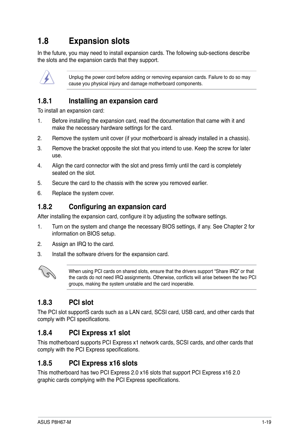 8 expansion slots, 1 installing an expansion card, 2 configuring an expansion card | 3 pci slot, 4 pci express x1 slot, 5 pci express x16 slots | Asus P8H67-M User Manual | Page 31 / 76