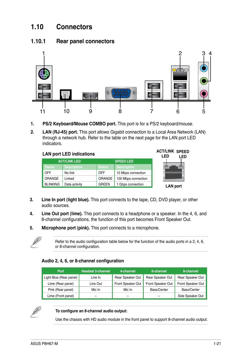 10 connectors, 1 rear panel connectors | Asus P8H67-M User Manual | Page 33 / 76