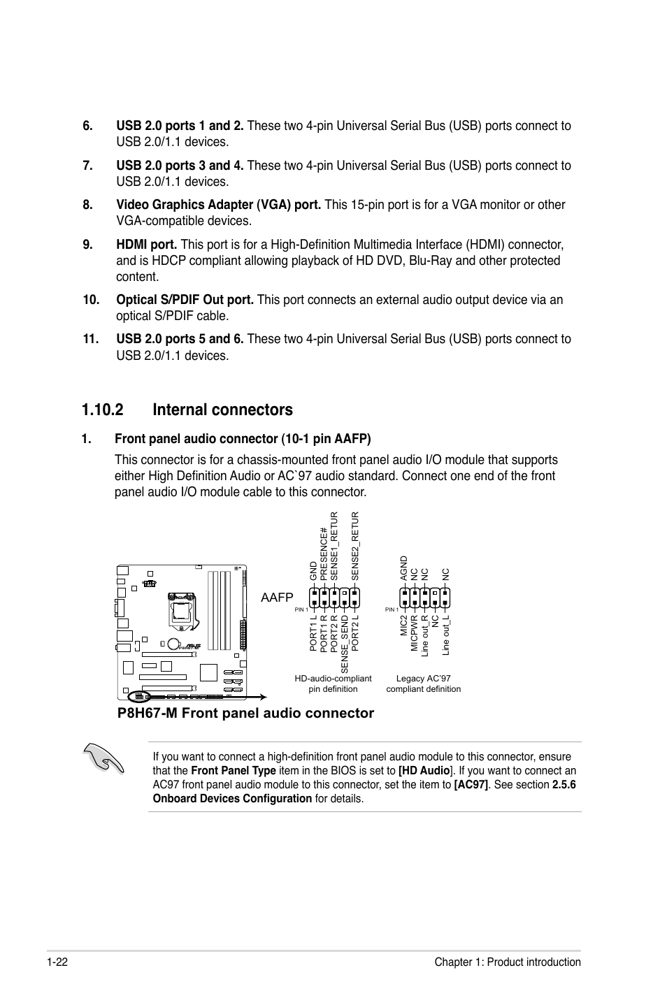 2 internal connectors, P8h67-m front panel audio connector | Asus P8H67-M User Manual | Page 34 / 76