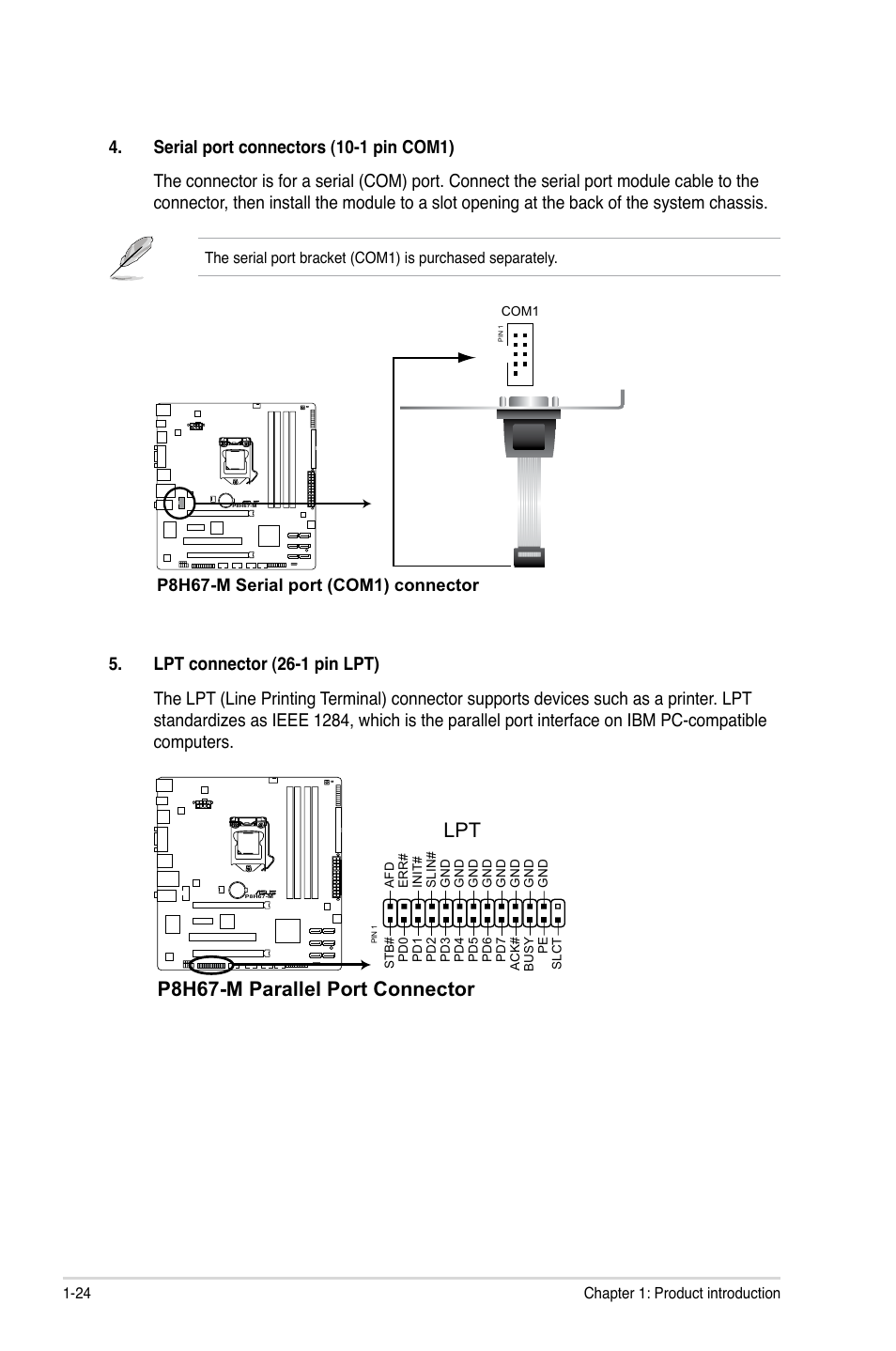 P8h67-m parallel port connector, P8h67-m serial port (com1) connector | Asus P8H67-M User Manual | Page 36 / 76