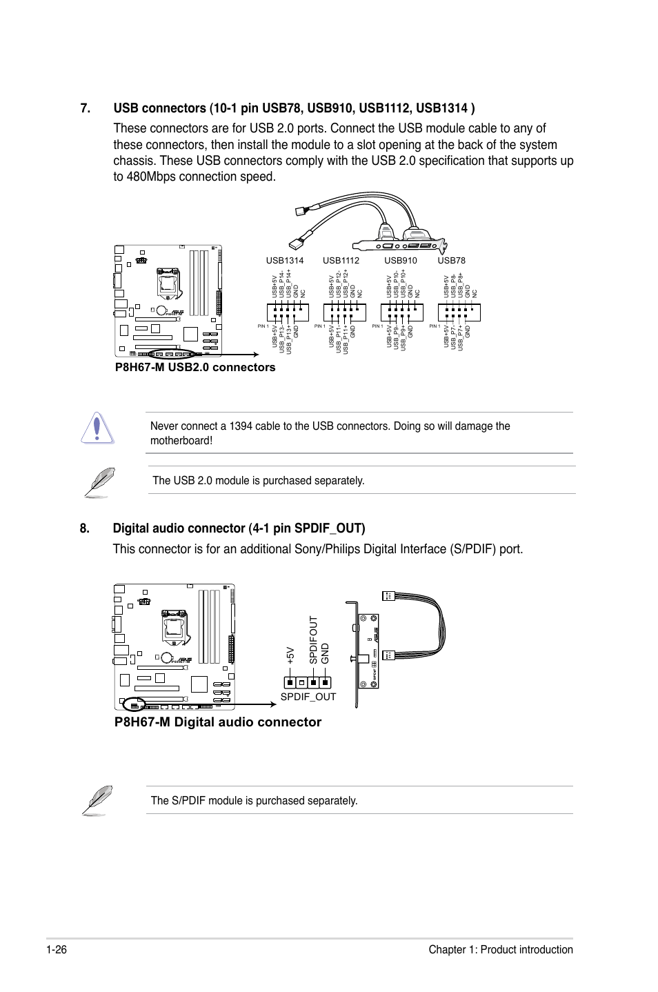 P8h67-m digital audio connector, 26 chapter 1: product introduction, The s/pdif module is purchased separately | Asus P8H67-M User Manual | Page 38 / 76