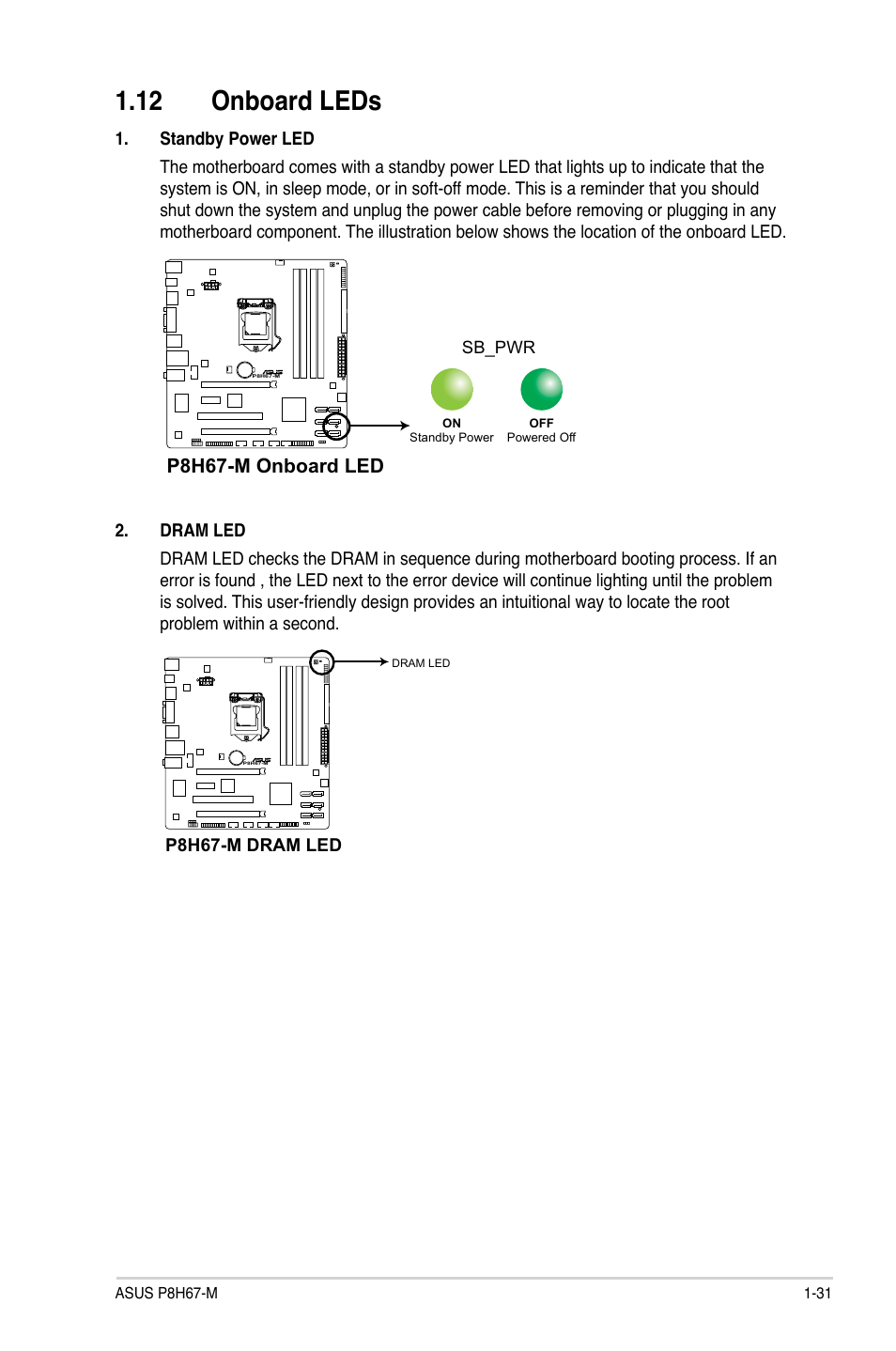 12 onboard leds, P8h67-m onboard led | Asus P8H67-M User Manual | Page 43 / 76