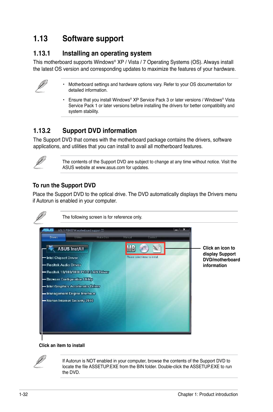 13 software support, 1 installing an operating system, 2 support dvd information | Asus P8H67-M User Manual | Page 44 / 76