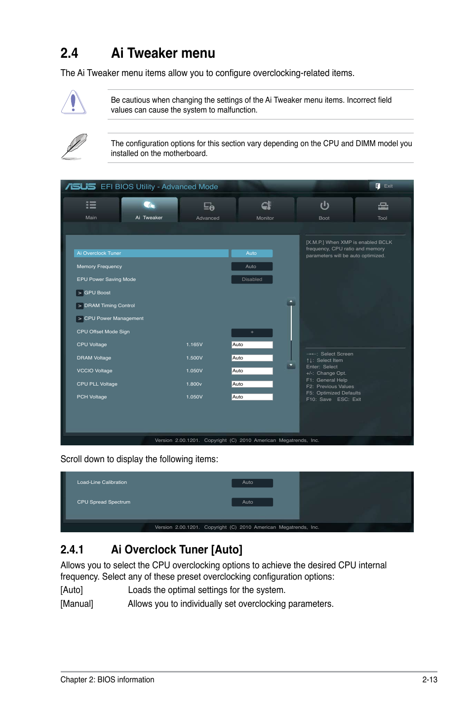 4 ai tweaker menu, 1 ai overclock tuner [auto, Scroll down to display the following items | Chapter 2: bios information 2-13 | Asus P8H67-M User Manual | Page 57 / 76