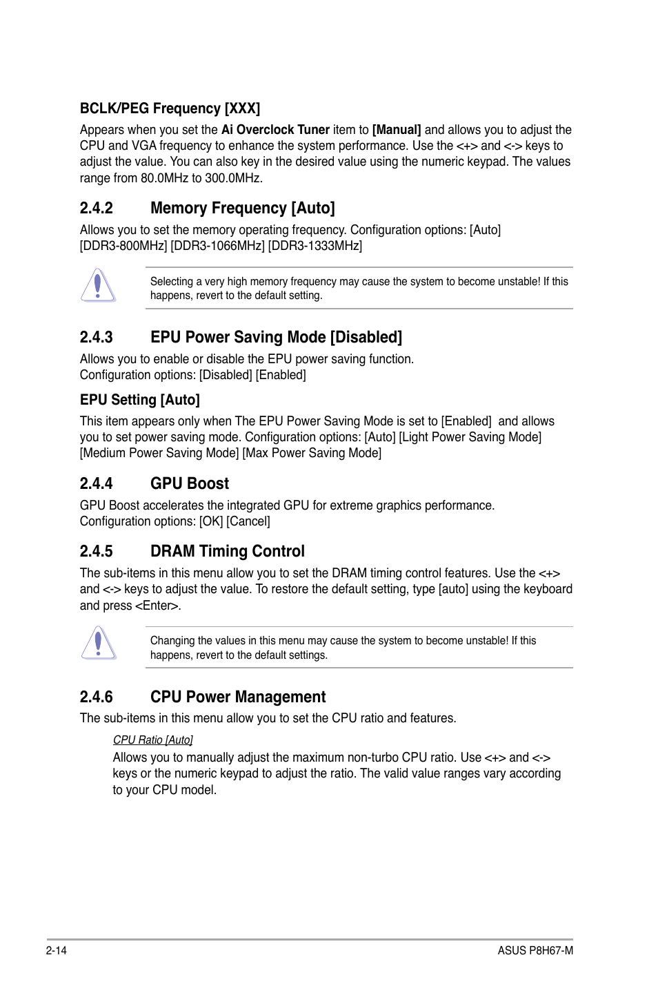 3 epu power saving mode [disabled, 4 gpu boost, 5 dram timing control | 6 cpu power management | Asus P8H67-M User Manual | Page 58 / 76