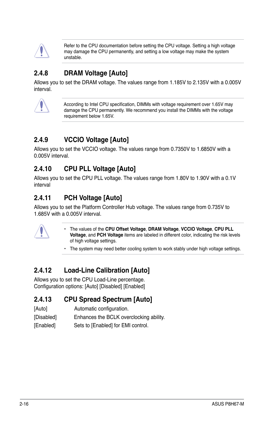 8 dram voltage [auto, 9 vccio voltage [auto, 10 cpu pll voltage [auto | 11 pch voltage [auto, 12 load-line calibration [auto, 13 cpu spread spectrum [auto | Asus P8H67-M User Manual | Page 60 / 76