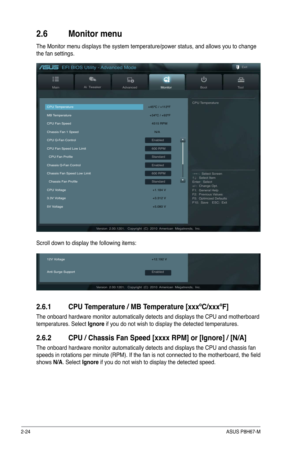 6 monitor menu, 1 cpu temperature / mb temperature [xxxºc/xxxºf | Asus P8H67-M User Manual | Page 68 / 76