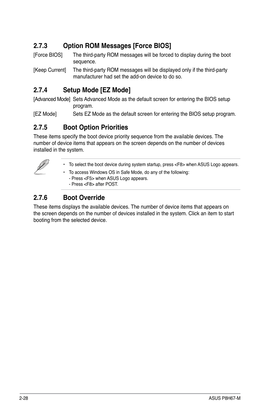 3 option rom messages [force bios, 4 setup mode [ez mode, 5 boot option priorities | 6 boot override | Asus P8H67-M User Manual | Page 72 / 76