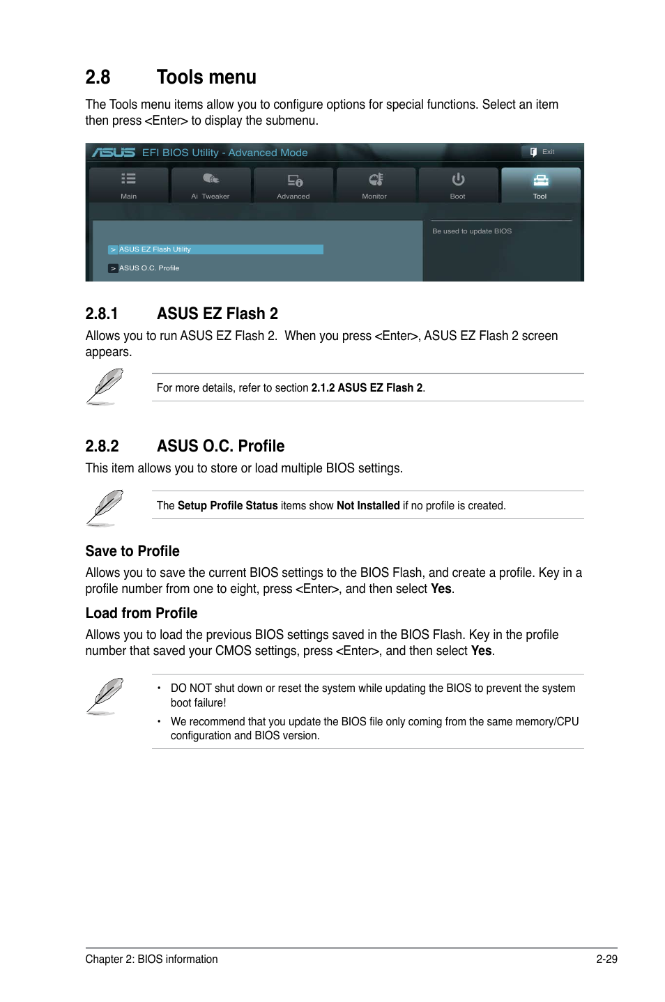 8 tools menu, 1 asus ez flash 2, 2 asus o.c. profile | Save to profile, Load from profile | Asus P8H67-M User Manual | Page 73 / 76