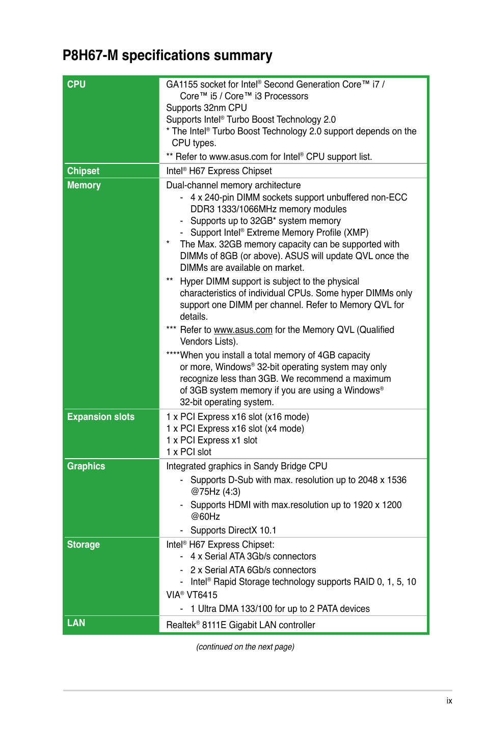P8h67-m specifications summary | Asus P8H67-M User Manual | Page 9 / 76