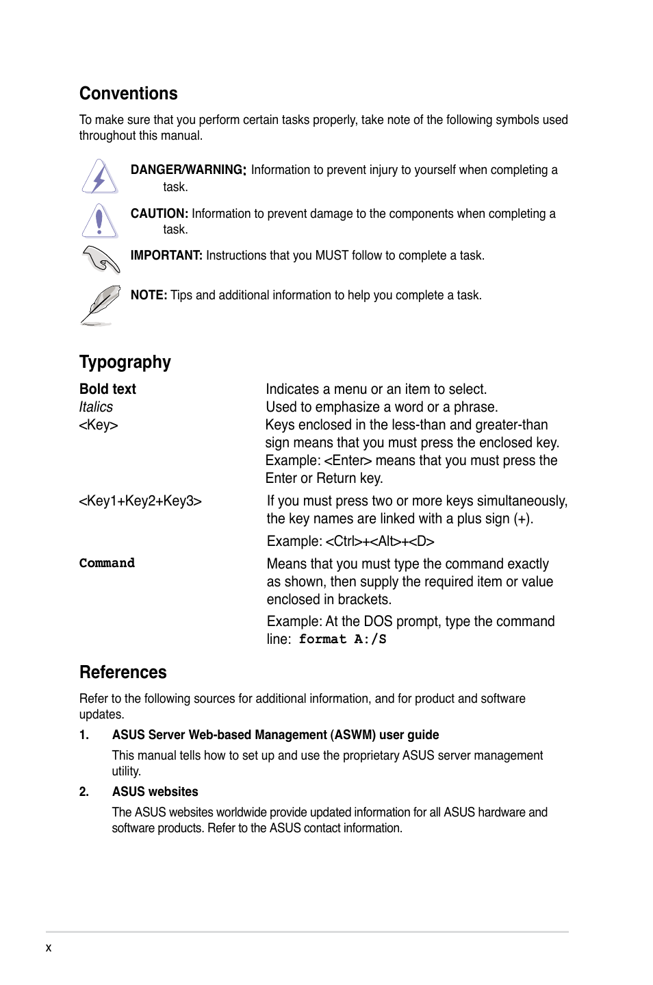 References, Conventions, Typography | Asus RS100-E8-PI2 User Manual | Page 10 / 158