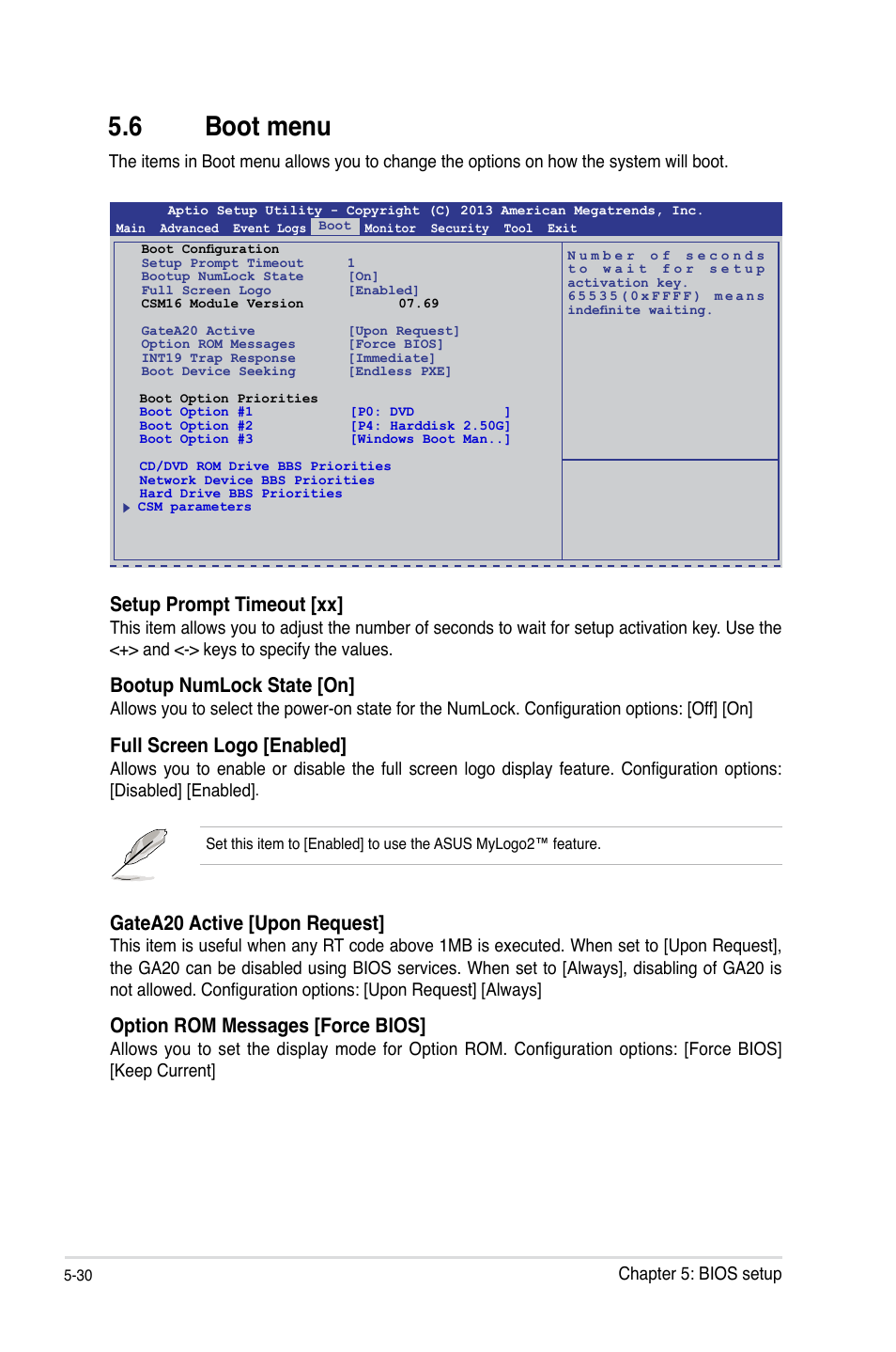 6 boot menu, Boot menu -30, Setup prompt timeout [xx | Bootup numlock state [on, Full screen logo [enabled, Gatea20 active [upon request, Option rom messages [force bios | Asus RS100-E8-PI2 User Manual | Page 100 / 158