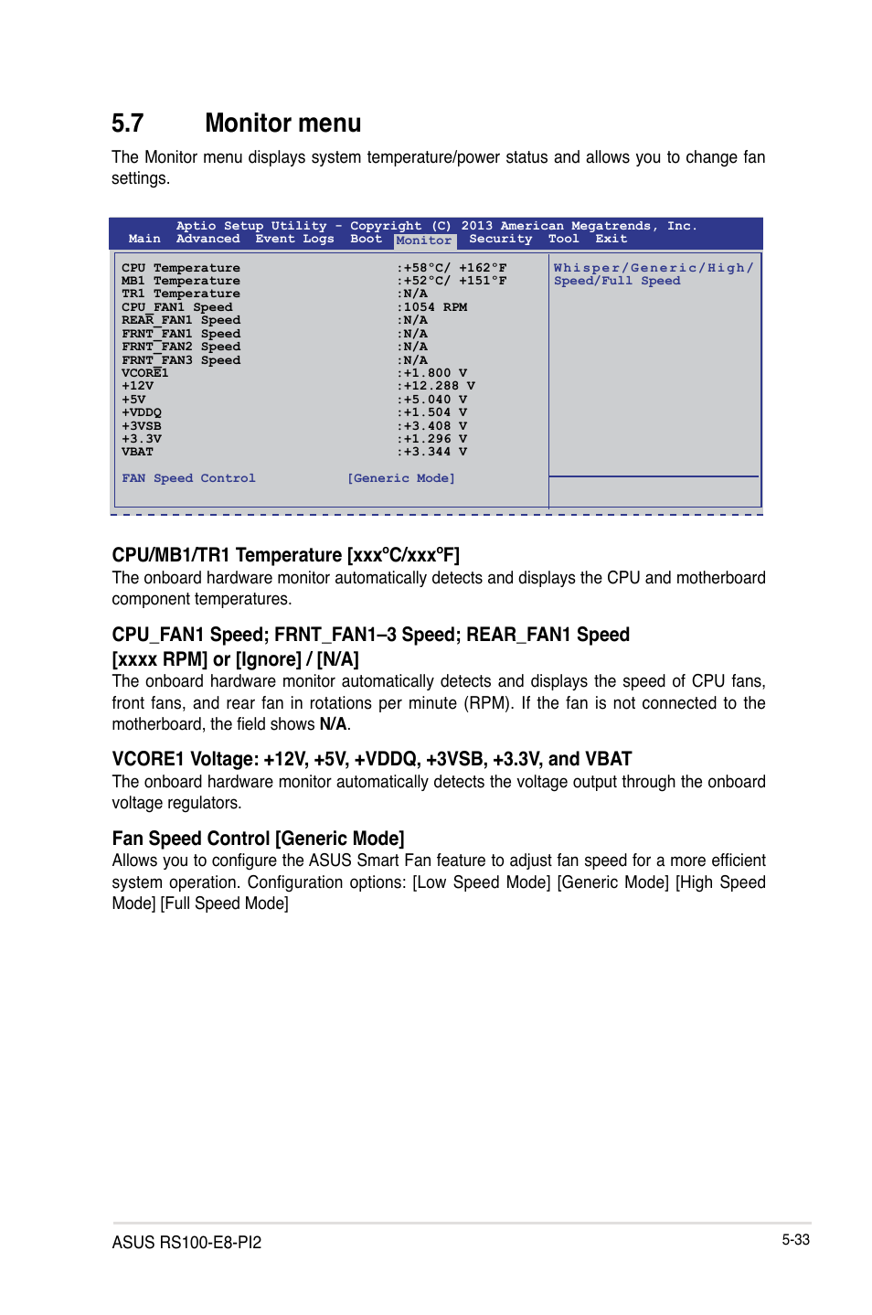 7 monitor menu, Monitor menu -33, Cpu/mb1/tr1 temperature [xxxºc/xxxºf | Fan speed control [generic mode | Asus RS100-E8-PI2 User Manual | Page 103 / 158