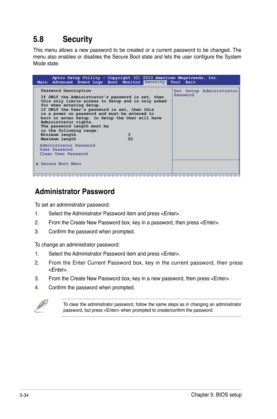 8 security, Security -34, Administrator password | Asus RS100-E8-PI2 User Manual | Page 104 / 158