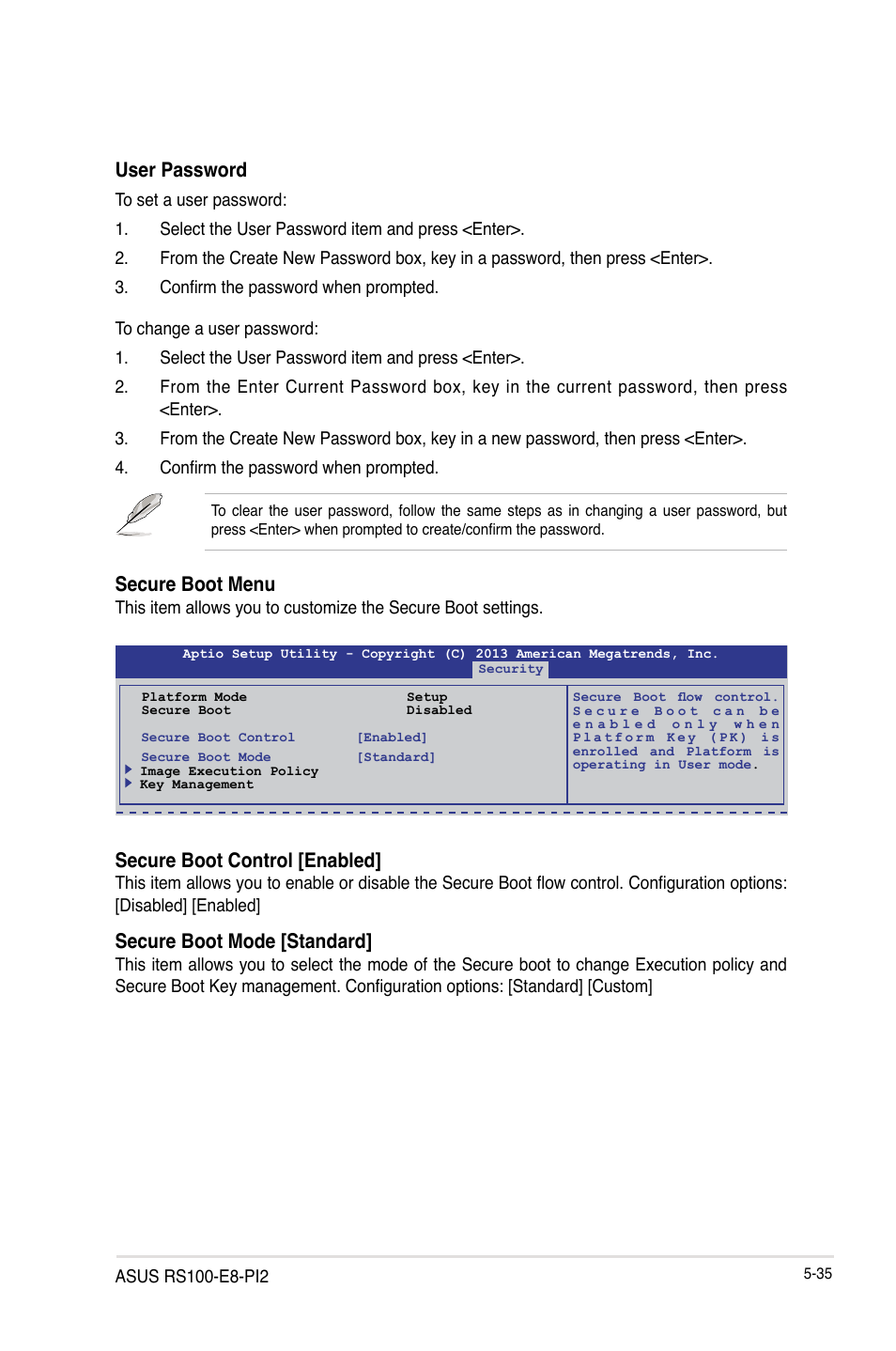 User password, Secure boot menu, Secure boot control [enabled | Secure boot mode [standard | Asus RS100-E8-PI2 User Manual | Page 105 / 158