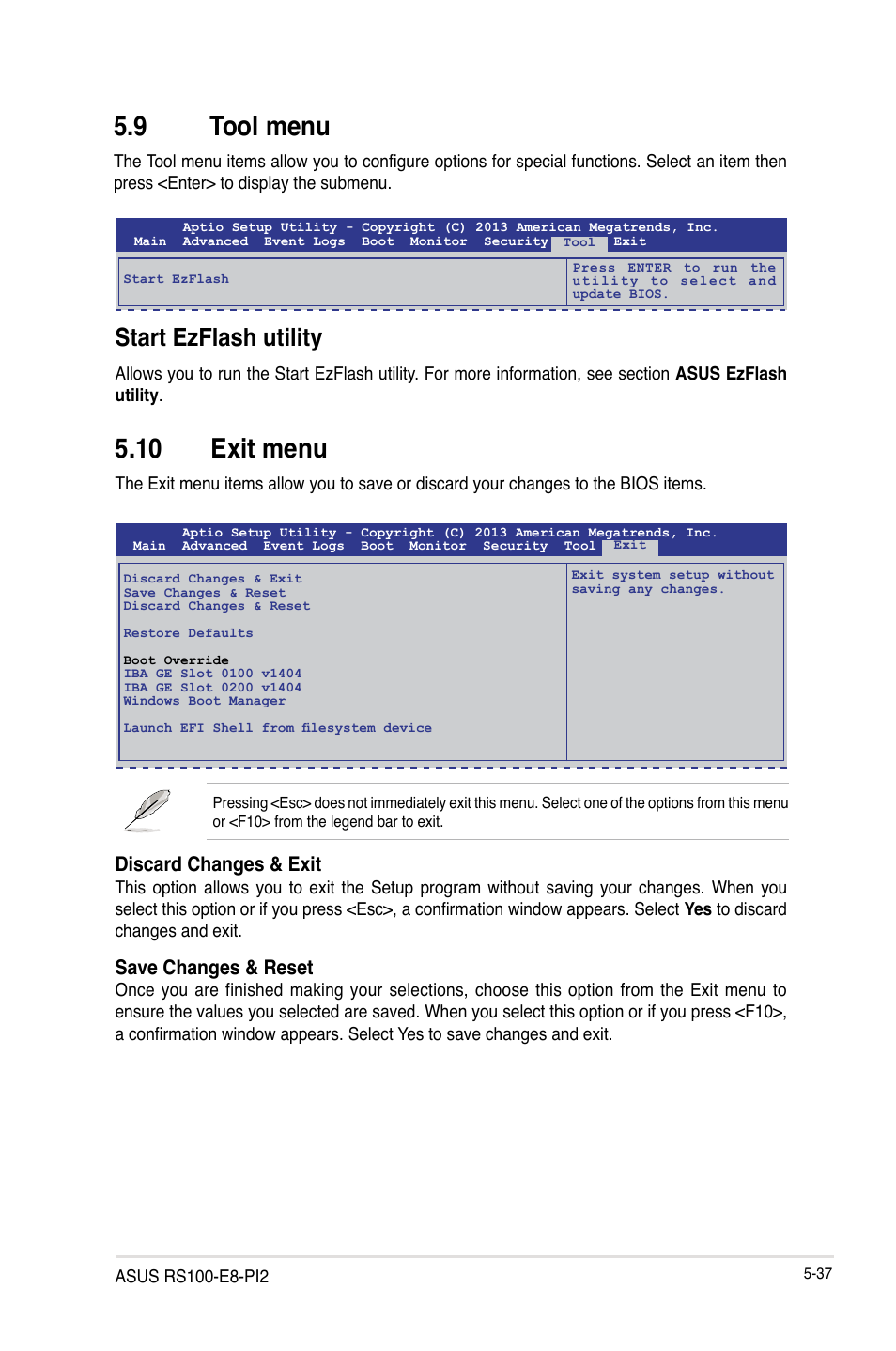9 tool menu, 10 exit menu, Tool menu -37 | Exit menu -37, Start ezflash utility, Discard changes & exit, Save changes & reset | Asus RS100-E8-PI2 User Manual | Page 107 / 158