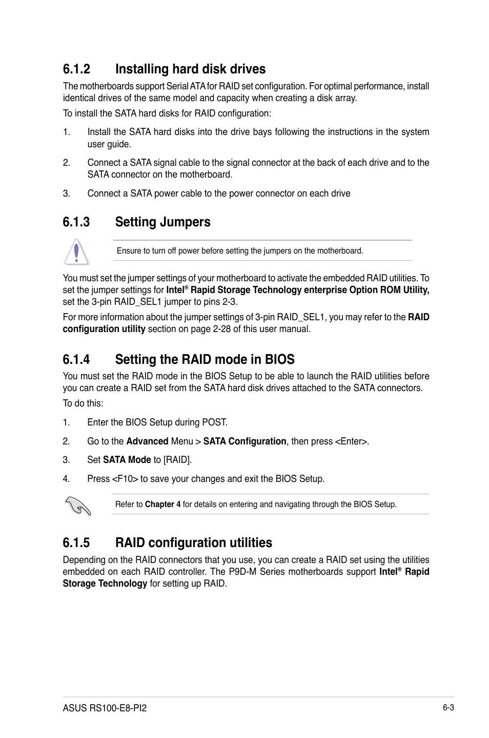 2 installing hard disk drives, 3 setting jumpers, 4 setting the raid mode in bios | 5 raid configuration utilities, Installing hard disk drives -3, Setting jumpers -3, Setting the raid mode in bios -3, Raid configuration utilities -3 | Asus RS100-E8-PI2 User Manual | Page 111 / 158