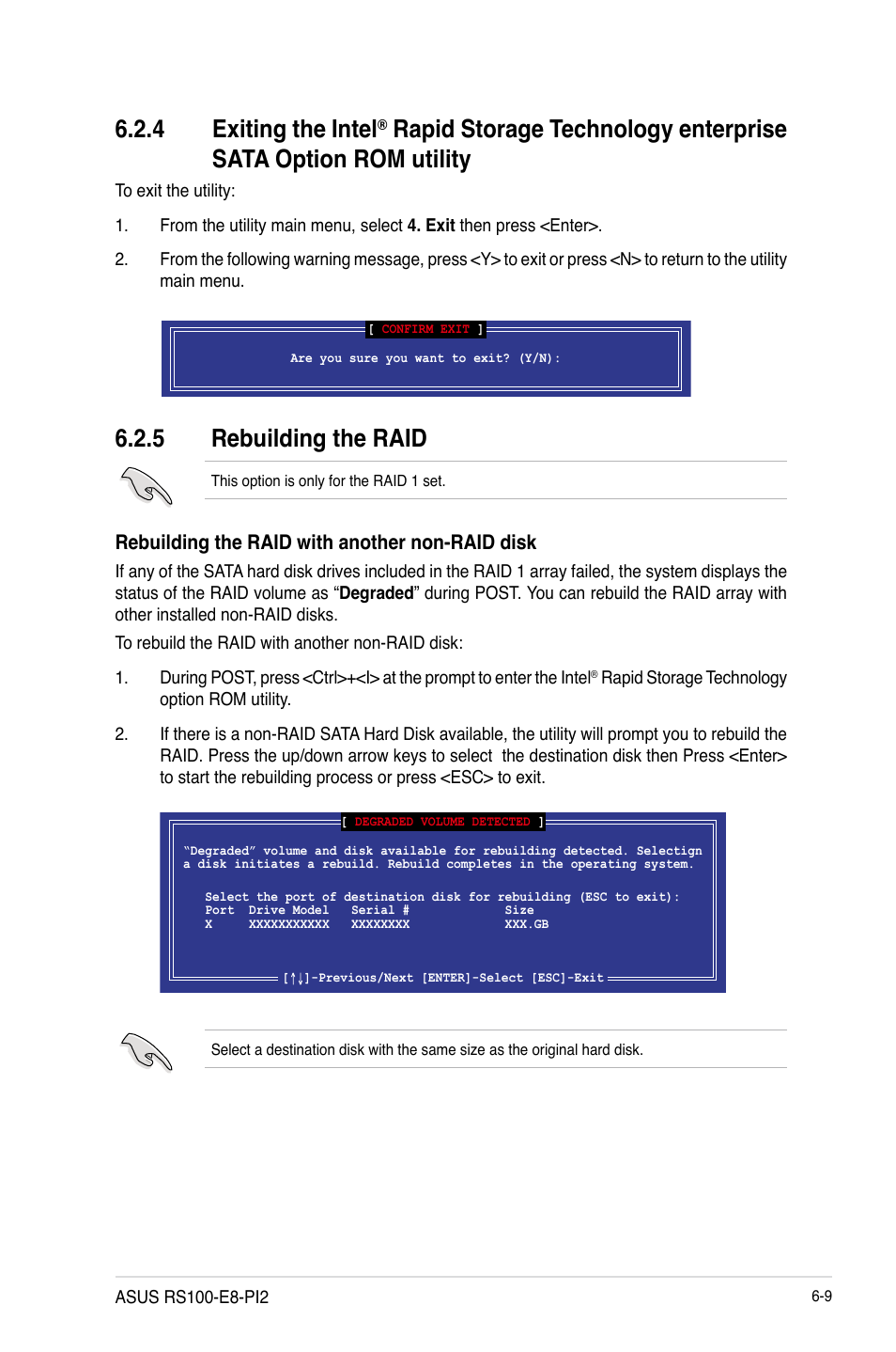 5 rebuilding the raid, Exiting the intel, Rapid storage technology enterprise | Sata option rom utility -9, Rebuilding the raid -9, 4 exiting the intel | Asus RS100-E8-PI2 User Manual | Page 117 / 158