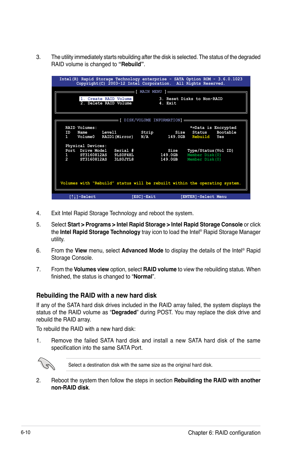Rebuilding the raid with a new hard disk | Asus RS100-E8-PI2 User Manual | Page 118 / 158