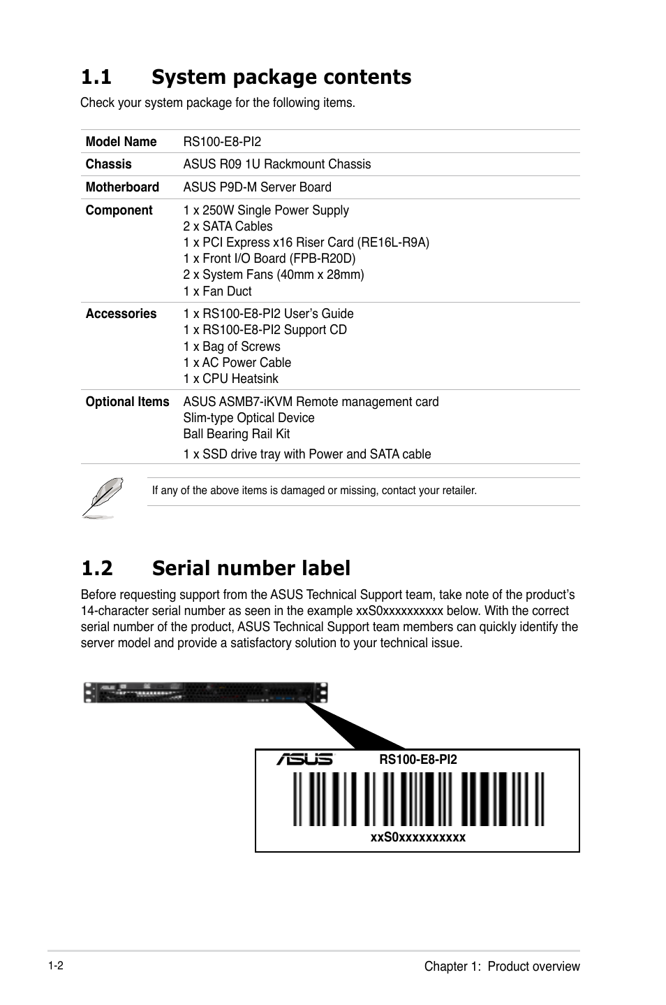 1 system package contents, 2 serial number label, System package contents -2 | Serial number label -2 | Asus RS100-E8-PI2 User Manual | Page 12 / 158