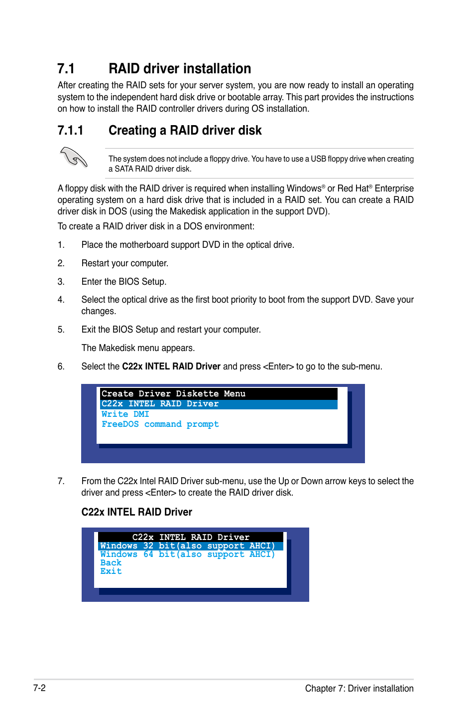 1 raid driver installation, 1 creating a raid driver disk, Raid driver installation -2 7.1.1 | Creating a raid driver disk -2 | Asus RS100-E8-PI2 User Manual | Page 128 / 158