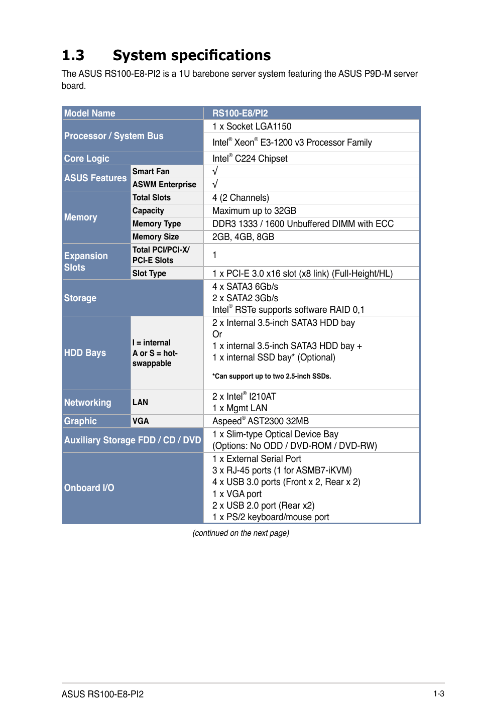 3 system specifications, System specifications -3 | Asus RS100-E8-PI2 User Manual | Page 13 / 158
