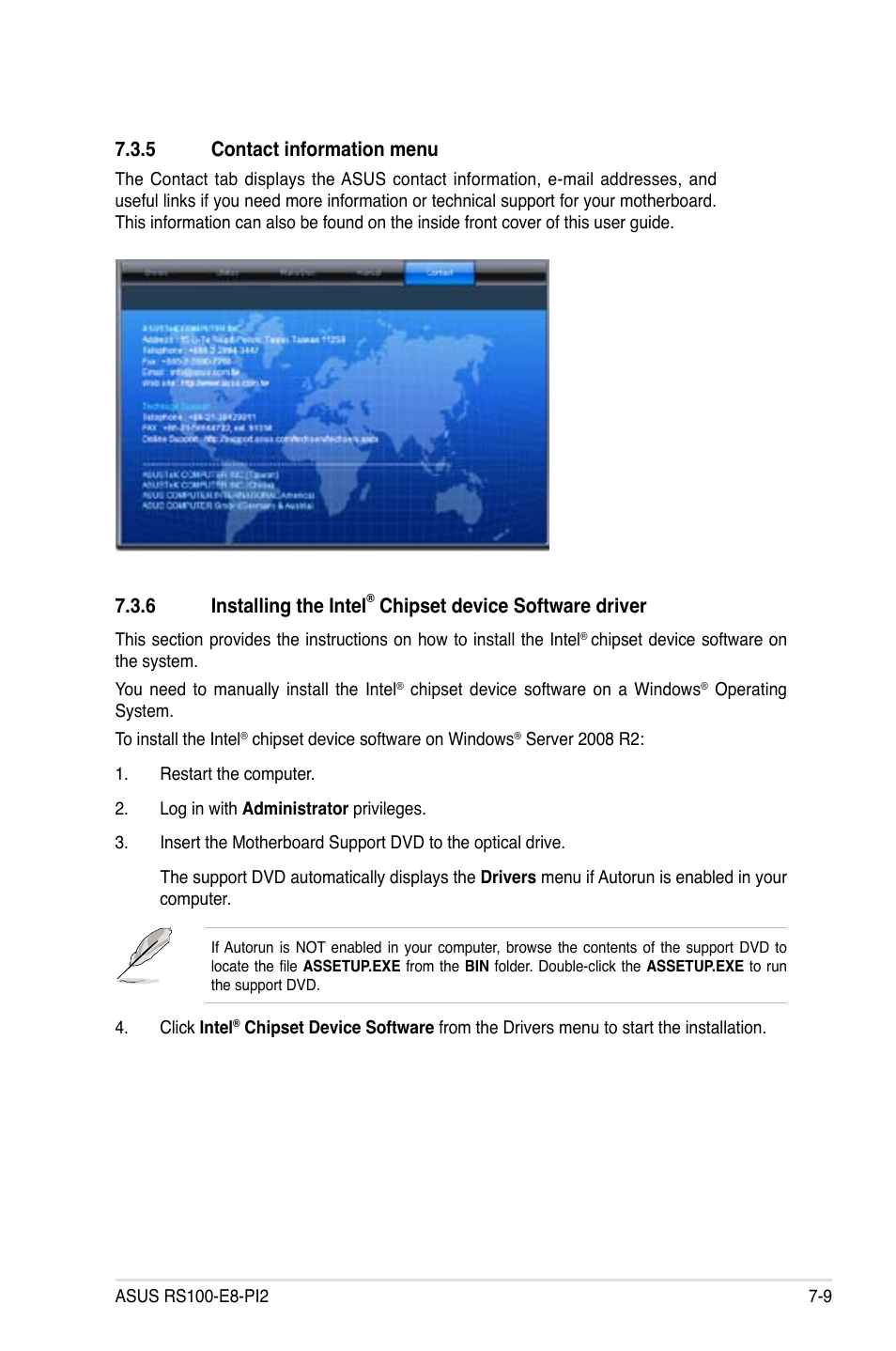 5 contact information menu, 6 installing the intel, Chipset device software driver | Asus RS100-E8-PI2 User Manual | Page 135 / 158