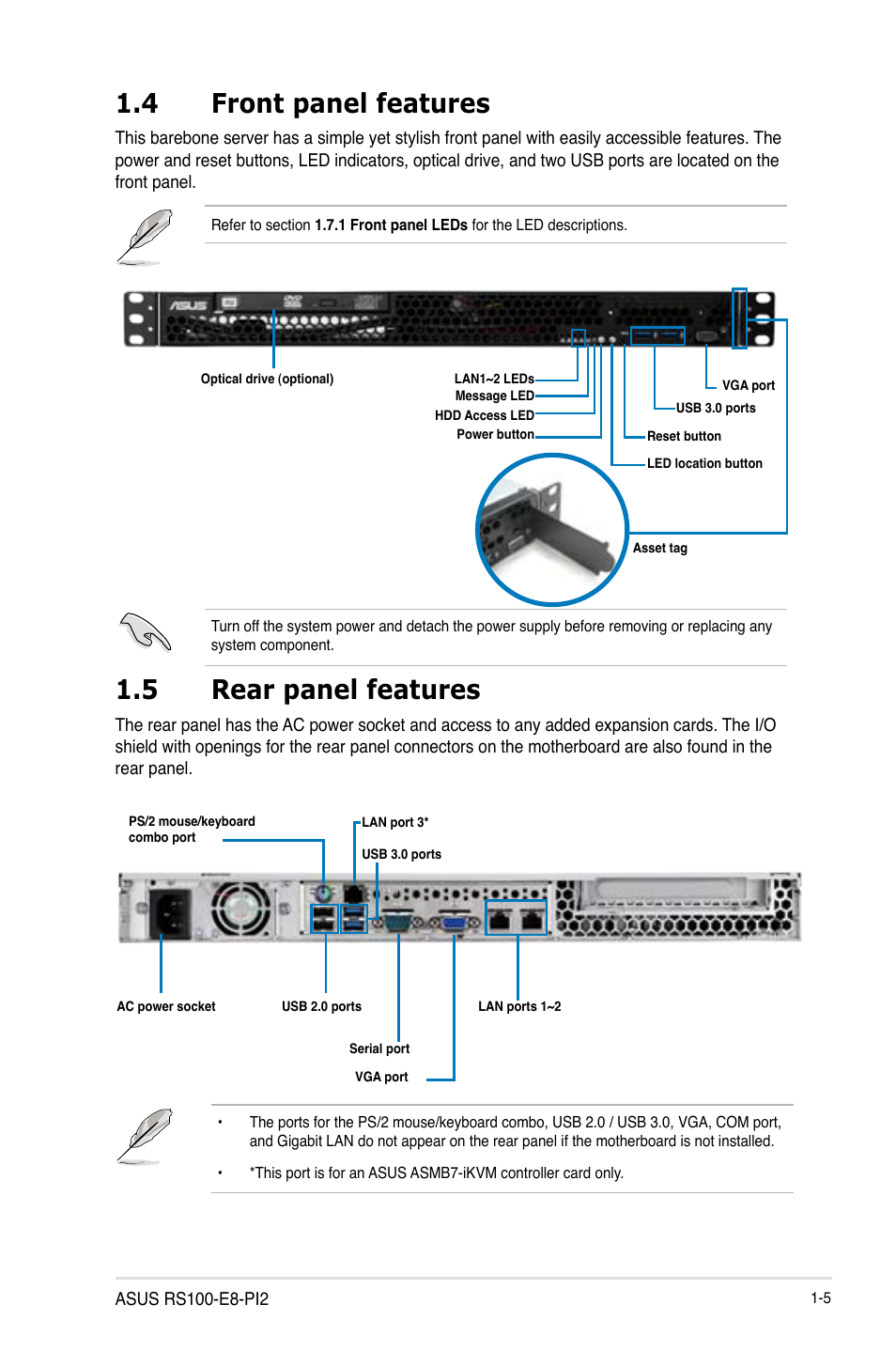 4 front panel features, 5 rear panel features, Front panel features -5 | Rear panel features -5 | Asus RS100-E8-PI2 User Manual | Page 15 / 158