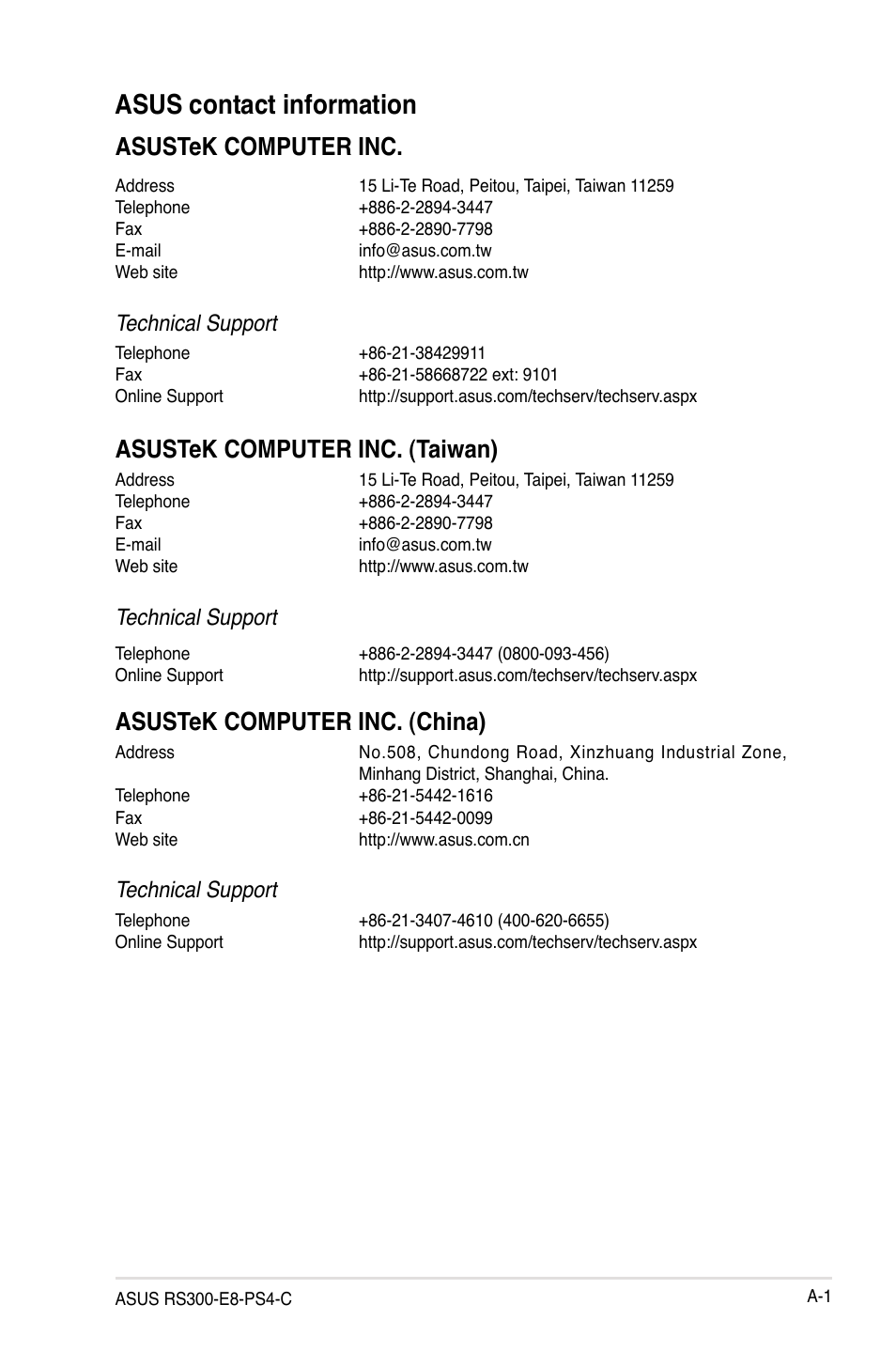 Asus contact information, Asustek computer inc, Asustek computer inc. (taiwan) | Asustek computer inc. (china), Technical support | Asus RS100-E8-PI2 User Manual | Page 155 / 158