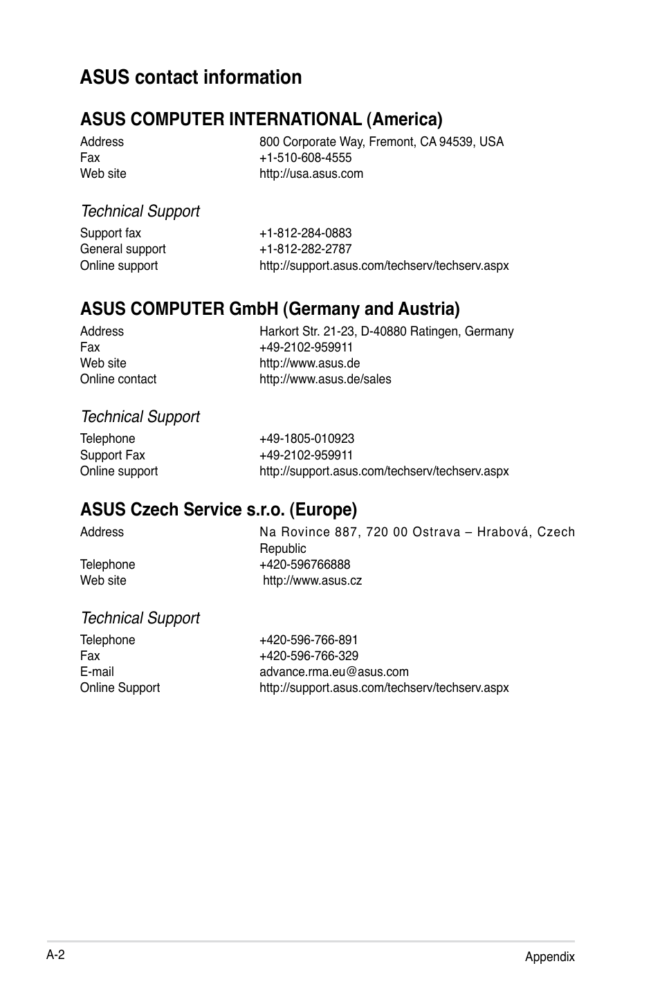 Asus contact information, Asus computer international (america), Asus computer gmbh (germany and austria) | Asus czech service s.r.o. (europe), Technical support | Asus RS100-E8-PI2 User Manual | Page 156 / 158