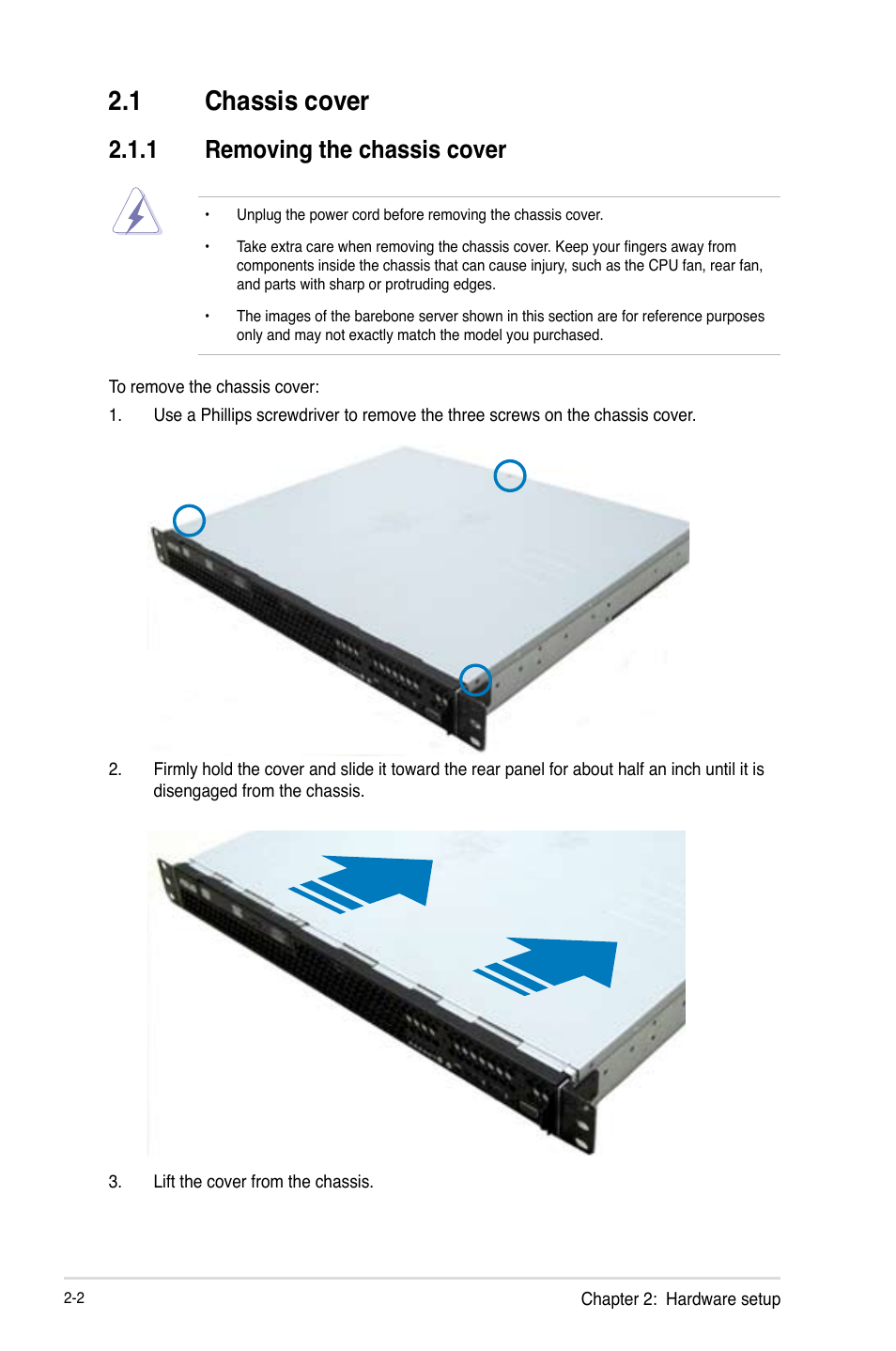 1 chassis cover, 1 removing the chassis cover, Chassis cover -2 2.1.1 | Removing the chassis cover -2 | Asus RS100-E8-PI2 User Manual | Page 20 / 158