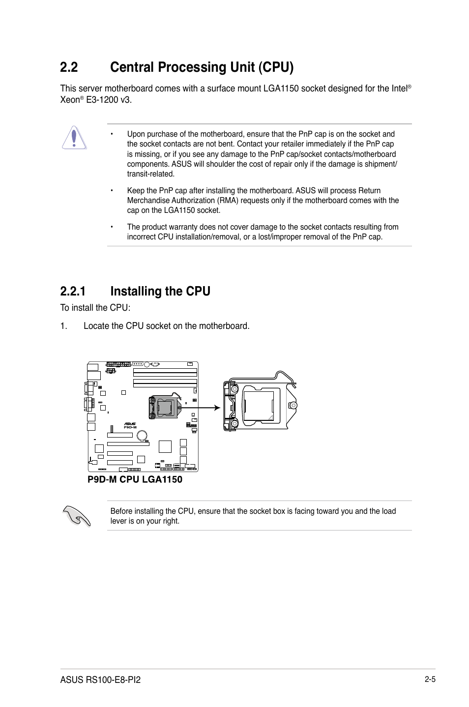 2 central processing unit (cpu), 1 installing the cpu, Central processing unit (cpu) -5 2.2.1 | Installing the cpu -5 | Asus RS100-E8-PI2 User Manual | Page 23 / 158